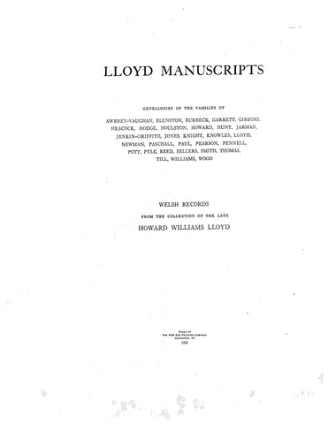 LLOYD Manuscripts; Welsh records from the collection of the late Howard Williams Lloyd 1912