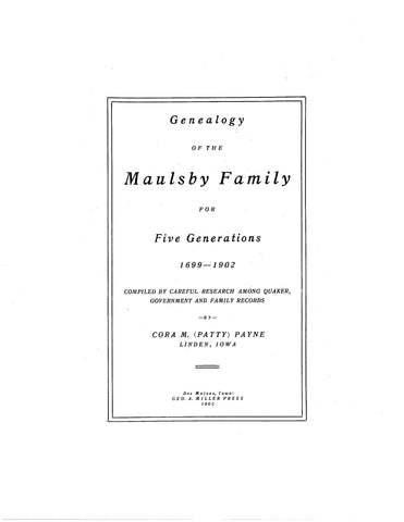 MAULSBY: Genealogy of the Maulsby family for five generations, 1699-1902. 1902