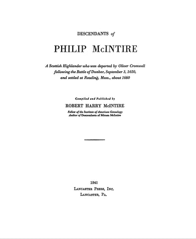 McINTIRE: Descendants of Philip McIntire, a Scottish Highlander 1941