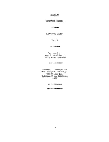 PITTSBURGH, OK: Oklahoma Cemetery Records - Pittsburgh County, Vol 1 (Softcover)