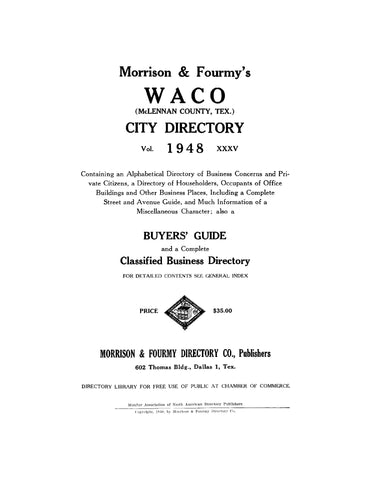 WACO, TX: Madison and Fourmy's Waco (McLennan County Texas) City Directory 1948 (Hardcover)