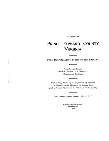 PRINCE EDWARD, VA: A History of Prince Edward County, Virginia - from its Formation in 1753 to the Present
