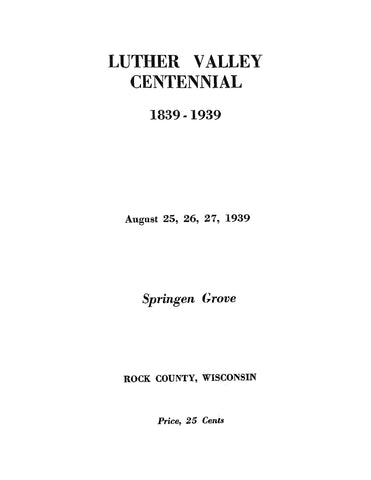 LUTHER VALLEY, WI: Luther Valley Centennial 1839-1939 (Softcover)