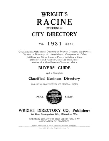 RACINE, WI: Wright's Racine, Wisconsin, City Directory, 1931 (Hardcover)