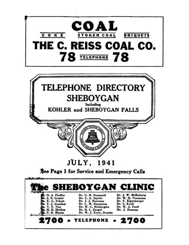 SHEBOYGAN, WI: Telephone Directory Sheboygan, Including Kohler and Sheboygan Falls, 1941 (Softcover)