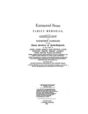 ADAMS Family (Extracted from Family Memorial Genealogies of Fourteen Families of Early New England) (Softcover)