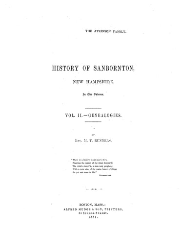 ATKINSON: Atkinson Family (Extracted from History of Sanbornton, New Hampshire) (Softcover)