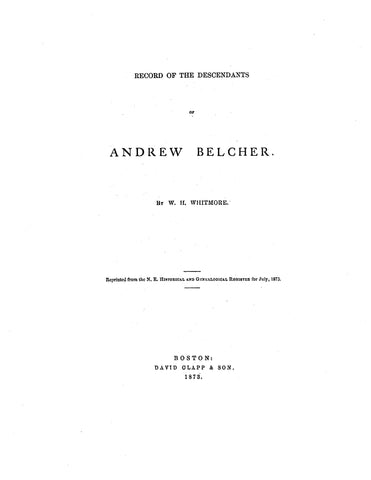 BELCHER: Record of the Descendants of Andrew Belcher (Softcover)
