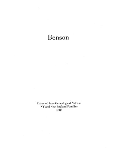 BENSON: Extracted from Genealogical Notes of New York and New England Families 1883 (Softcover)