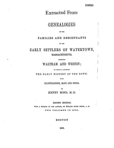 BOWMAN: Extracted from Genealogies of Early Settlers of Watertown, Massachusetts (Softcover)
