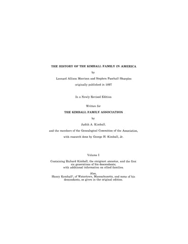 KIMBALL: History of the Kimball Family in America - Updated from the 1897 Edition