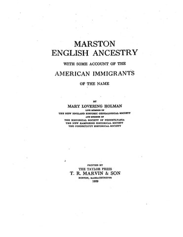 MARSTON English Ancestry: with some account of the American immigrants of the name 1929