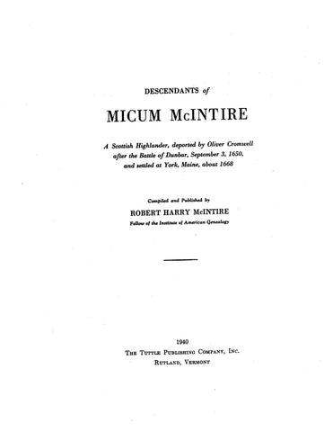 McINTIRE: Descendants of Micum McIntire, a Scottish Highlander 1940