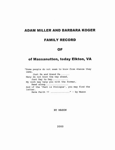 MILLER: Adam Miller and Barbara Koger Family Record of Massanutten [today Elkton, VA] 2000