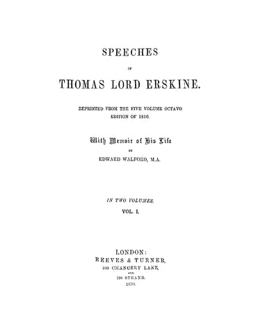ERSKINE: Speeches of Thomas Lord Erskine 1870