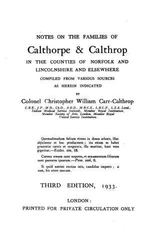 CALTHORPE: Notes on the Calthorpe & Calthrop Families in the Counties of Norfolk and Lincolnshire & Elsewhere