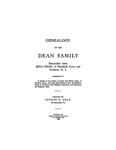 DEAN: Genealogy of Dean family descendants of Ezra Dean of Plainfield, CT & Cranston, RI 1903