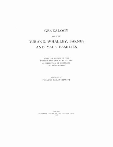 DURAND - Genealogy of the Durand, Whalley, Barnes and Yale families 1912