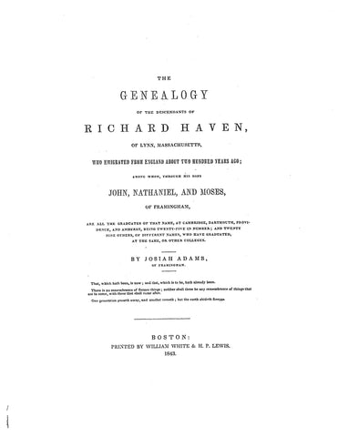 HAVEN: Genealogy of Descendants of Richard Haven of Lynn, etc. 1849