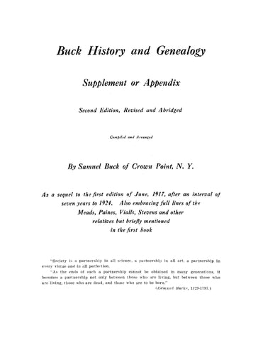 BUCK History and Genealogy Supplement or Appendix, 2nd edition, as a sequel to the first edition of 1917. 1924