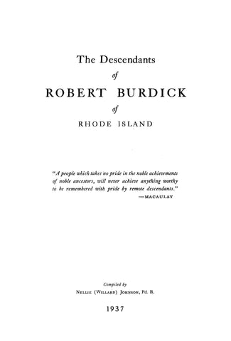 BURDICK: Descendants of Robert Burdick of Rhode Island (Hardcover) 1937