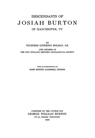 BURTON: Descendants of Josiah Burton of Manchester, VT. 1926