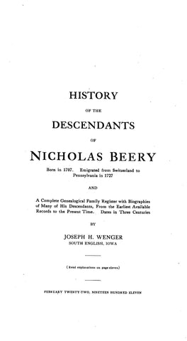 BEERY: History of the Descendants of Nicholas Beery
