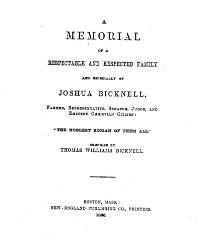 BICKNELL: A Memorial of a Respectable & Respected Family