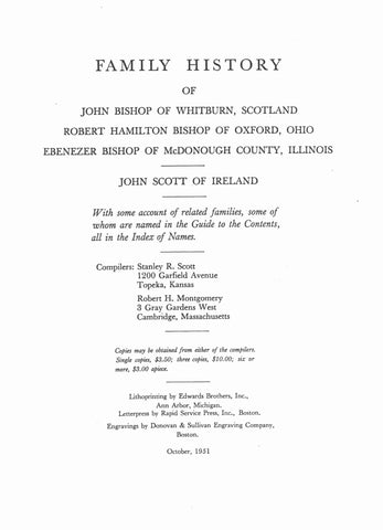 BISHOP: Family history of John Bishop of Whitburn, Scotland; Robt. Hamilton Bishop of Oxford, OH; Ebenezer Bishop of McDonough Co., IL
