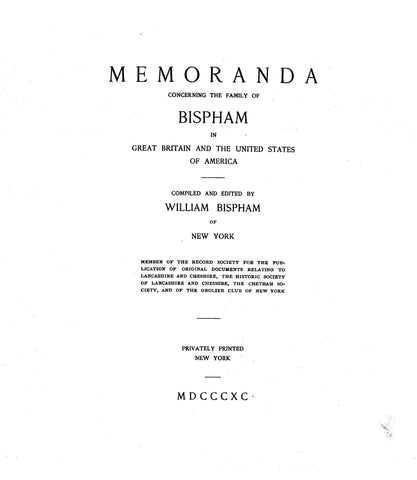BISPHAM: Memoranda Concerning The Family of Bispham in Great Britain and The United States Of America