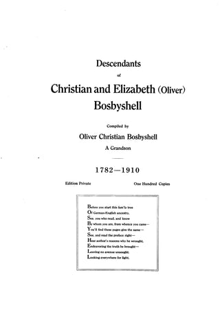 BOSBYSHELL: Descendants of Christian and Elizabeth (Oliver) Bosbyshell, 1782-1910
