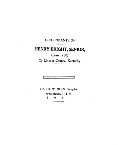 BRIGHT: Descendants of Henry Bright, Sr (b. 1760) of Lincoln Co., KY