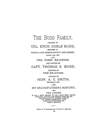 Budd Family, First Reunion 8/14/1878, with Brief History of the Family,  1632-1881. (1881)