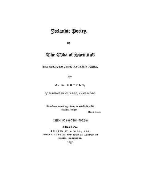 ICE: Icelandic Poetry or the Edda of Saemund Translated into English V ...