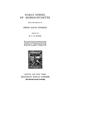 MA EARLY SPRING: Early Spring in Massachusetts from the Journal of Henry David Thoreau