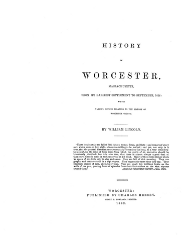 WORCESTER, MA: History of Worcester, Massachusetts from its Earliest Settlement to September, 1836 with Various Notices Relating to the History of Worcester County
