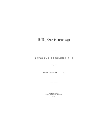 HOLLIS, NH: Hollis, Seventy Years Ago, Personal Recollections