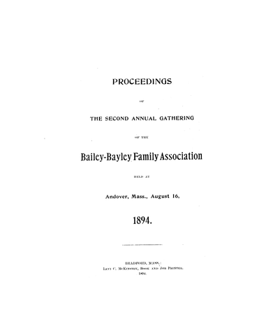 Bailey: 	Proceedings of the Second Annual Gathering of the Bailey-Bayley Family Association (Softcover)