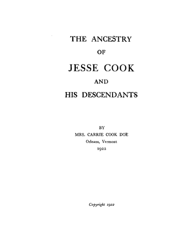 COOK: The Ancestry of Jesse Cook and his Descendants (Softcover) 1922