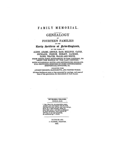 ALDEN: Genealogy of Fourteen Families of the Early Settlers of New England, of the Names of Alden, Adams, Arnold, Bass, Billings, Capen et al