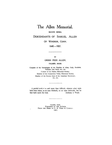ALLEN: Memorial, 2nd series; Desc. of Samuel Allen of Windsor, CT, 1640-1907