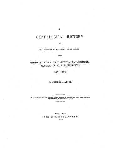 ALGER: Genealogical History of the Family of Thomas Alger of Taunton & Bridgewater