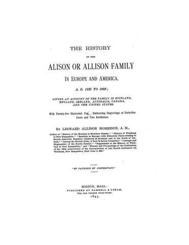 ALLISON: History of the Alison-Allison Family in Europe & America, 1135-1893