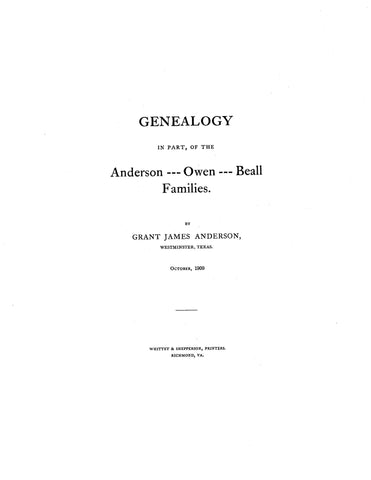 ANDERSON: Genealogy, in part, of the Anderson-Owen-Beall Families