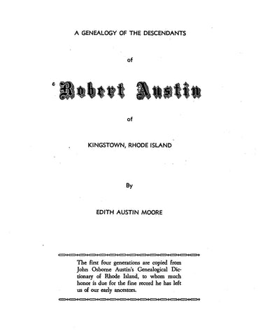 AUSTIN: Genealogy of the Descendants of Robert Austin of Kingstown, Rhode Island