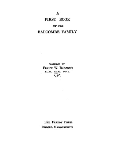 BALCOMBE: First Book of the Balcombe Family