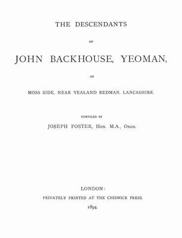 BACKHOUSE: Descendants of John Backhouse, Yeoman