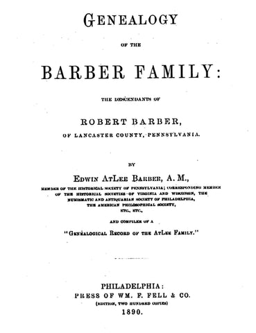 BARBER: Genealogy of the Barber family, Descendants of Robert Barber, Lancaster County, PA
